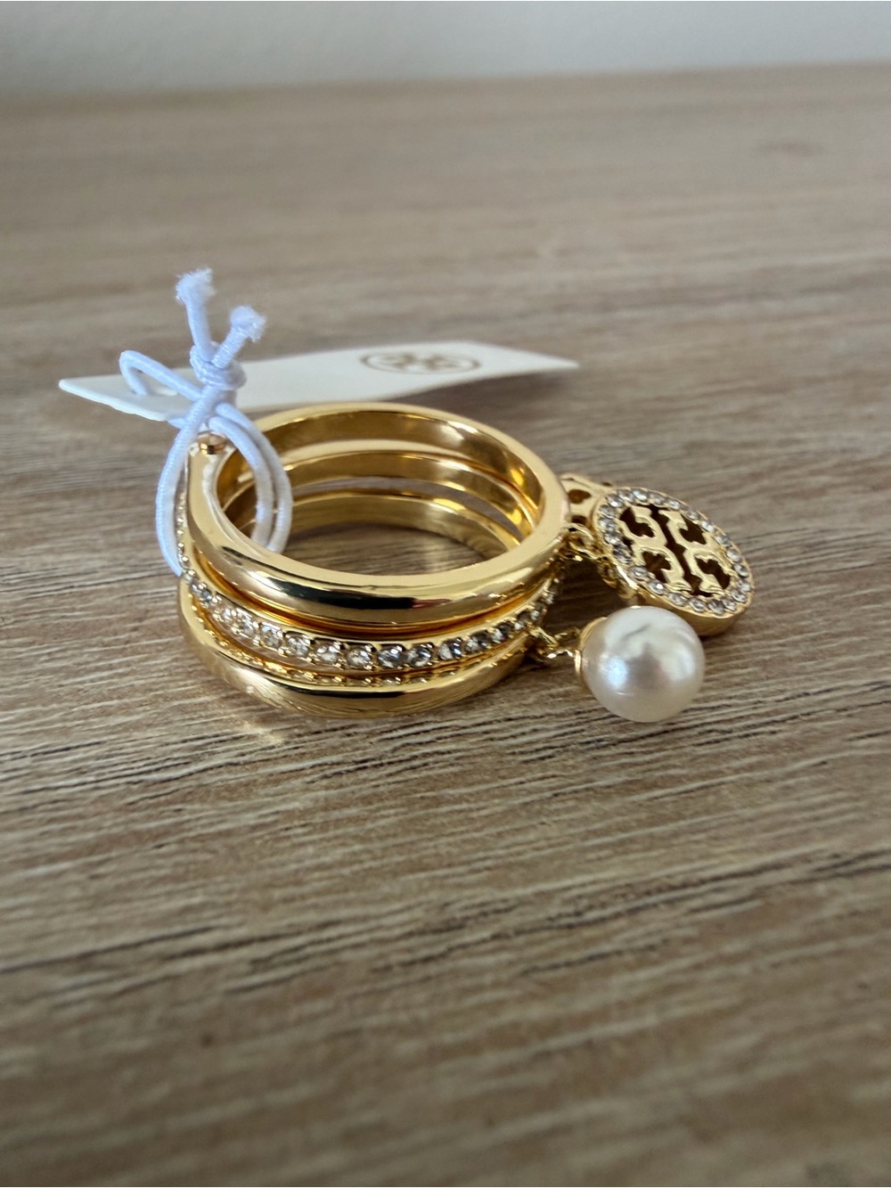 Tory Burch Gold-Tone Pavé Charm Stackable Ring Faux Pearl Double T Size 7